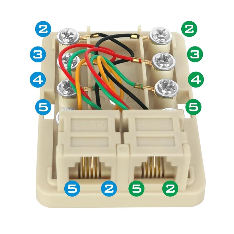 NECABLES Phone Jack Surface Mount Dual Port for 2 Phone Line Telephone Jack Box 8 Screw Terminals to 2 RJ11 6P4C Female Ivory - Image 3